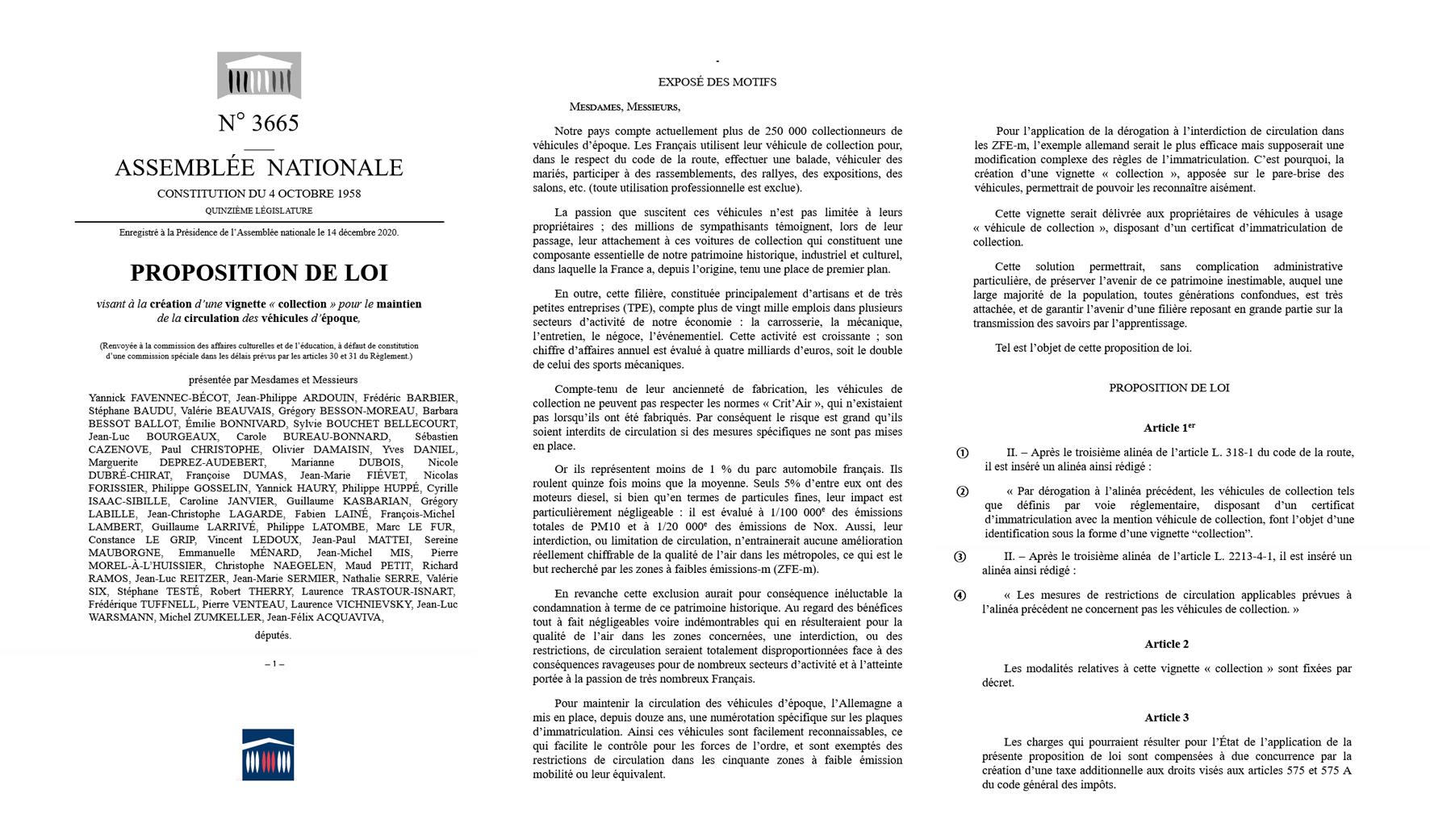 FFVE Proposition de loi 3665 Vignette Véhicule de Collection